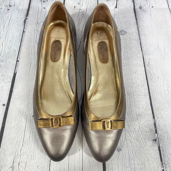 Vintage 90’s Loafers Womens 9.5 Silver Gold Leather Bow Flat Comfort Shoes Party - Picture 8 of 13